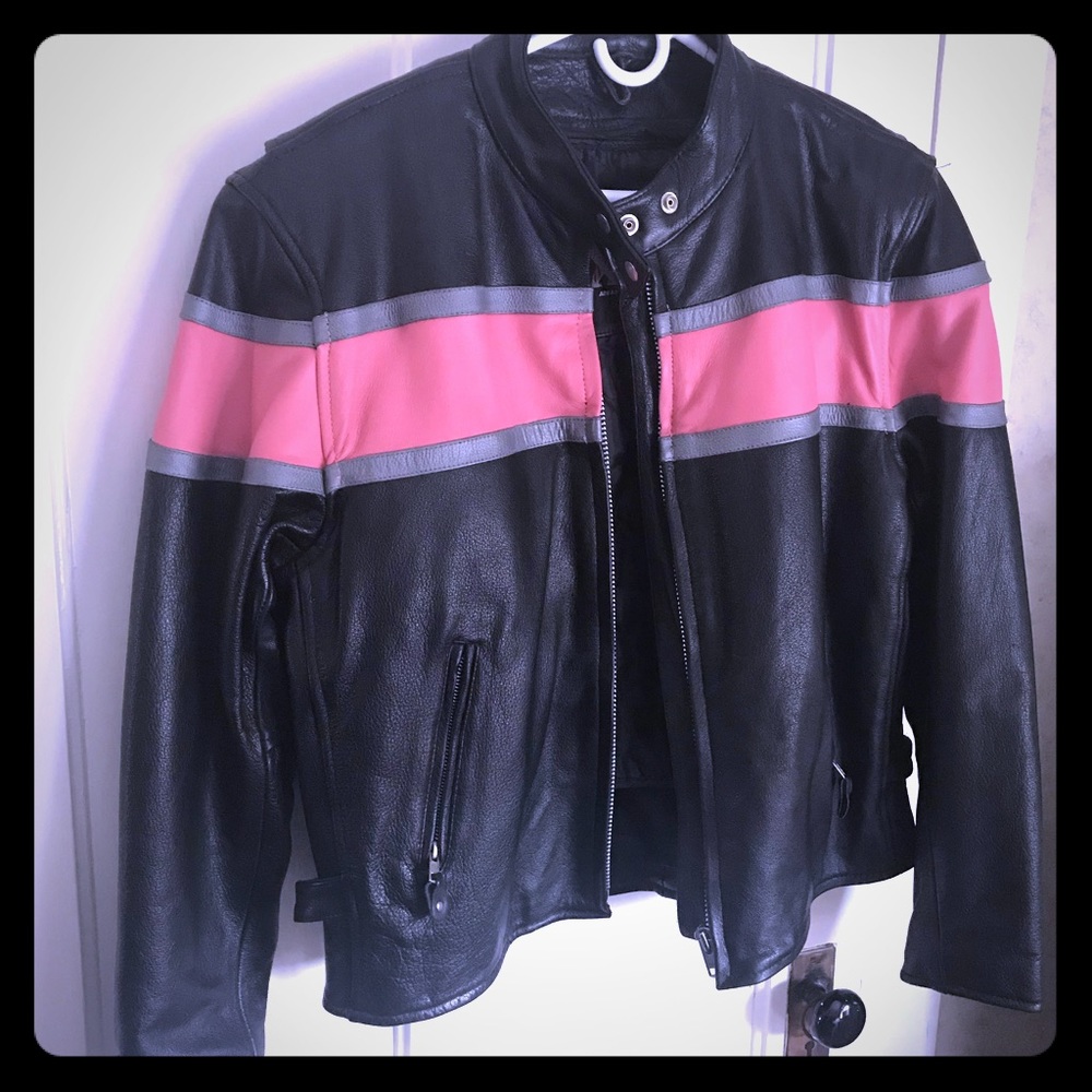 Black and pink leather biker jacket